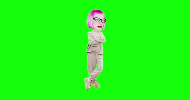 Stop motion fashion funny seriosly girl with different emotions on chroma key background. Casual mood. Ideal for advertising and presentations — Stock Video