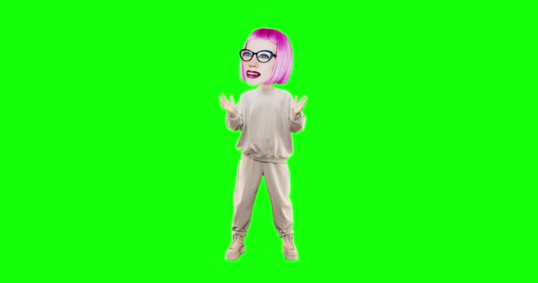 Stop motion animation funny character Lady with different emotions on chroma key background.Ideal for advertising and presentations, applause motion — стоковое видео