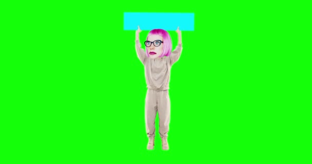 Stop motion animation funny character Lady with different emotions on chroma key background.Ideal for advertising and presentations, hold in hand banner motion — Stock Video
