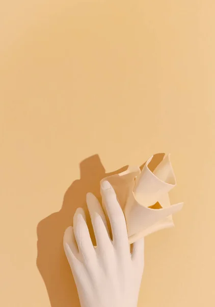 Minimal aesthetic still life monochrome design. Plastic hand and paper