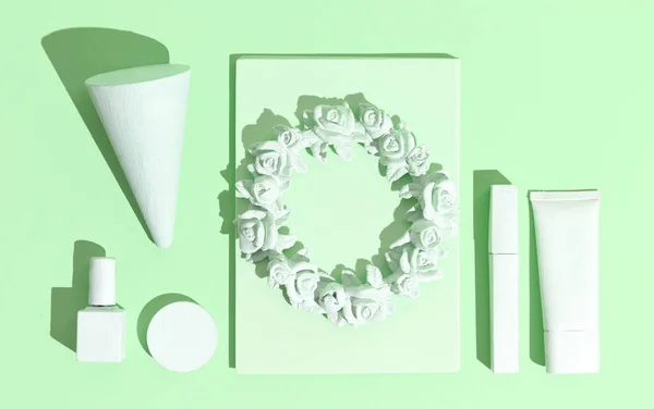 Minimal aesthetic still life monochrome wallpaper. Aqua menthe colours trends. Geometry and cosmetics Object