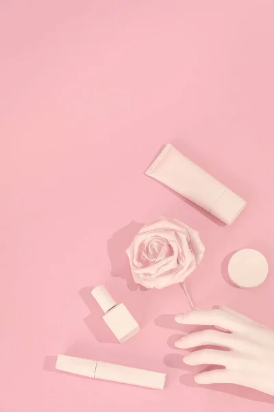 Minimal Aesthetic Still Life Monochrome Design Pink Colours Trends Hand — Stock Photo, Image