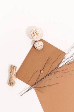 Beyaz kahverengi arka planda sonbahar brunch 'ı. Üst Manzara. Sonbahar minimalist konsepti, Sonbahar kompozisyonu. Sonbahar estetik tasarımı. Kağıt boş