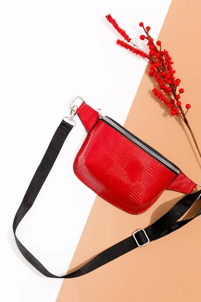 Stilvolle Herbst Accessoires Red Clutch Taschen Herbst Wintermode Konzept Flache — Stockfoto