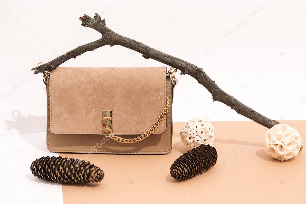 Stylish autumn accessories Clutch bag Fall winter fashion concept. Design decoration beige background. Still life minimal