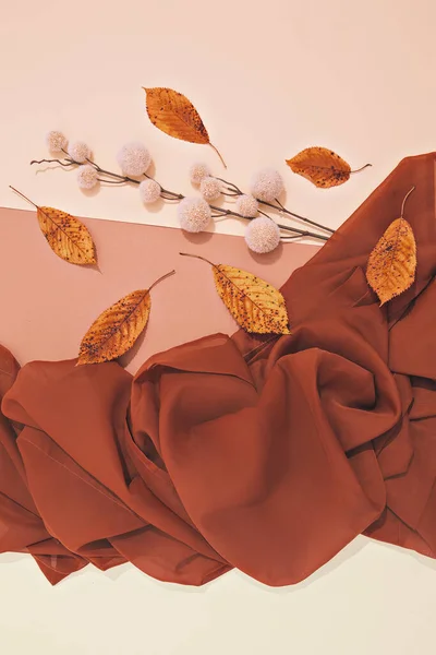 秋天褐色的纺织品背景和简约的装饰 秋天冬天的概念 顶视图 复制空间 时尚秋季美感 — 图库照片