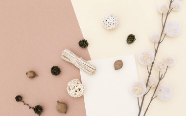 Sonbahar arkaplanı sonbahar dekoru, boş durağan şablon, davetiye maketi, üstten bej arkaplan üzerine metin için fotokopi alanı olan boş kağıt kartı. Üst Manzara. Düz yatıyordu. Sonbahar kış mevsimleri