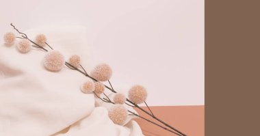 Şık sonbahar kışı, natürmort yaşam kompozisyonu. Tekstil ve çiçek dekoru. Minimalist bej renkli renkler