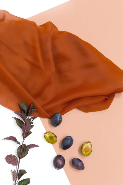 Composición Plana Moda Con Ciruela Fresca Sobre Fondo Textil Marrón — Foto de Stock