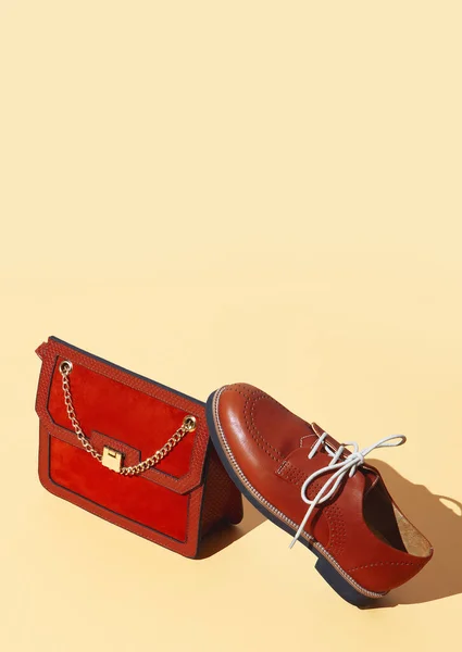 Sac Vintage Élégant Chaussures Sur Fond Beige Conception Isométrique Minimale — Photo