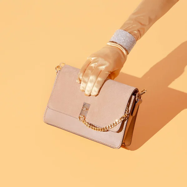 Mode Weibliche Hand Stilvoller Schmuck Handtaschen Clutch Minimales Stillleben Design — Stockfoto