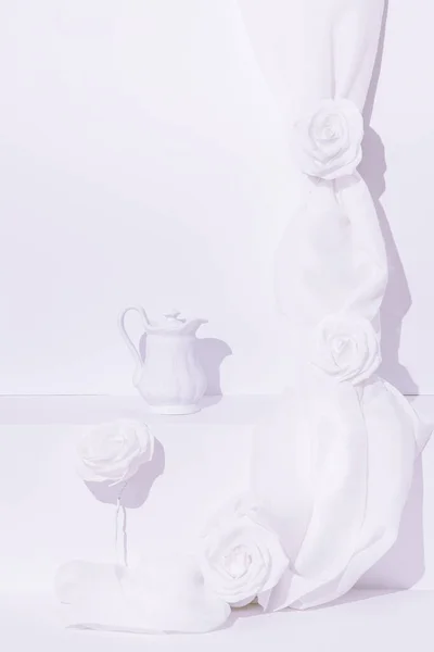 Fashion Winter Scene Tea Pot Roses Textile Decor Minimal Stylish — Stock Photo, Image