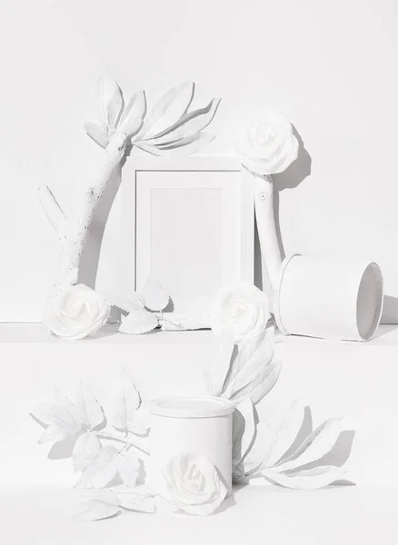 Bodegón Composición Maqueta Blanco Marco Mínimo Decoración Invierno Diseño Concepto —  Fotos de Stock
