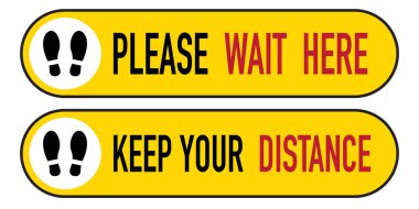 Sosyal mesafeli pankart. Lütfen burada durun. Coronovirüs salgını koruyucu. Vektör illüstrasyonu E10