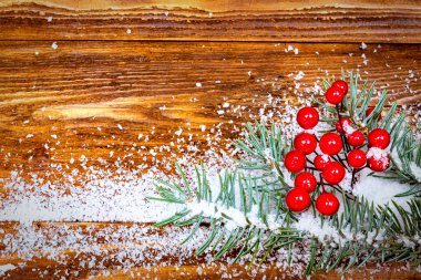 kar Şubesi ile ahşap arka plan. Metniniz için kopya alanı ile üstten görünüm