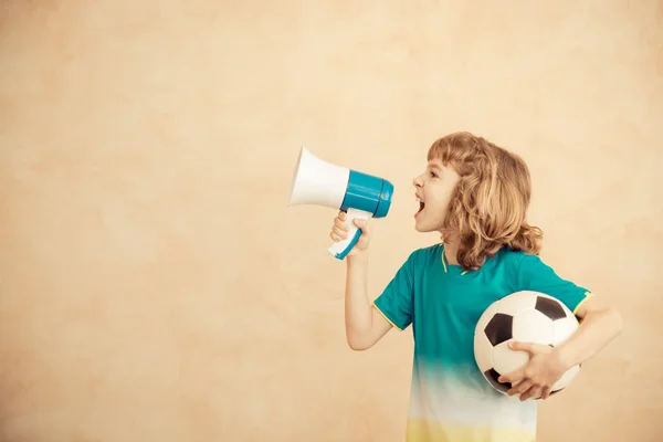 Niño Está Fingiendo Ser Jugador Fútbol Éxito Concepto Ganador — Foto de Stock