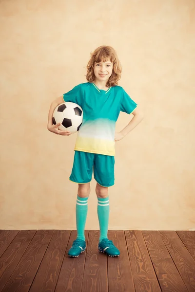 Niño Está Fingiendo Ser Jugador Fútbol Éxito Concepto Ganador —  Fotos de Stock