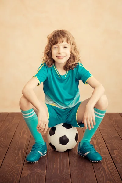 Niño Está Fingiendo Ser Jugador Fútbol Éxito Concepto Ganador —  Fotos de Stock