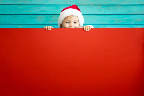 Funny Kid Holding Cardboard Banner Blank Child Playing Home Christmas — Stock Photo, Image