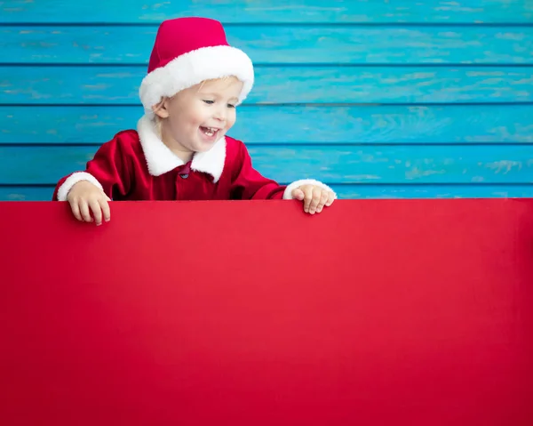 Funny Kid Holding Cardboard Banner Blank Child Playing Home Christmas — Stock Photo, Image