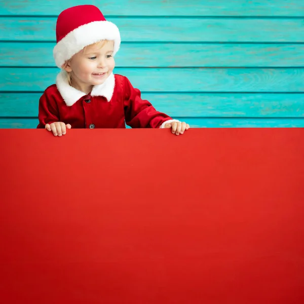 Funny Kid Holding Cardboard Banner Blank Child Playing Home Christmas — Stock Photo, Image