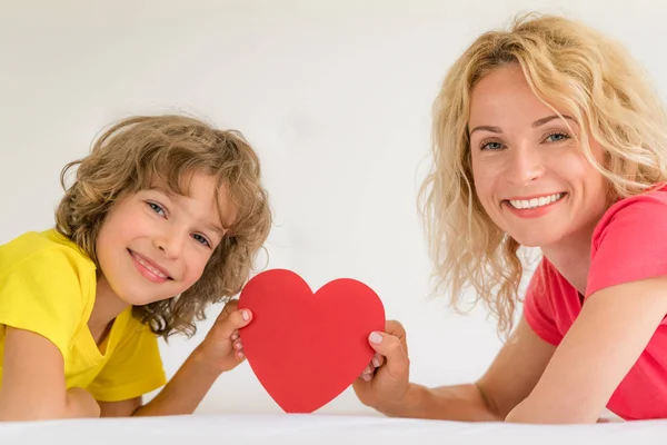 Mother Daughter Having Fun Holding Red Heart Shape Together Mothers — Stock Photo, Image