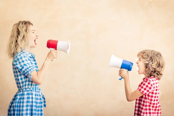 Mother Daughter Posing Megaphones International Womens Day Studio Shot — Stock Photo, Image