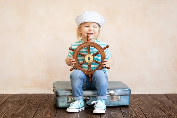 Happy Toddler Holding Wheel While Playing Sailing Home Summer Vacation — Stock Photo, Image