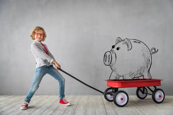 Happy Child Playing Toy Wagon Piggy Bank Studio Shot — Stock Photo, Image