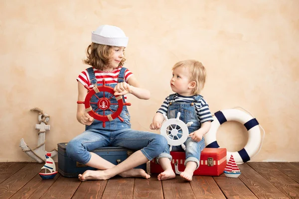 Happy Children Playing Wheels Pretending Sailors Summer Vacation Travel Concept — Stock Photo, Image