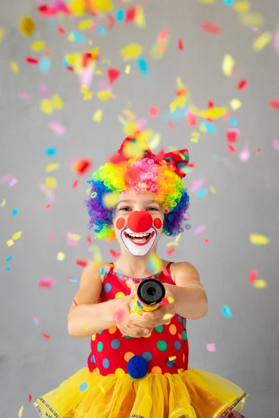 Funny Kid Clown Party Poppers Happy Child Playing Home April — Stock Photo, Image