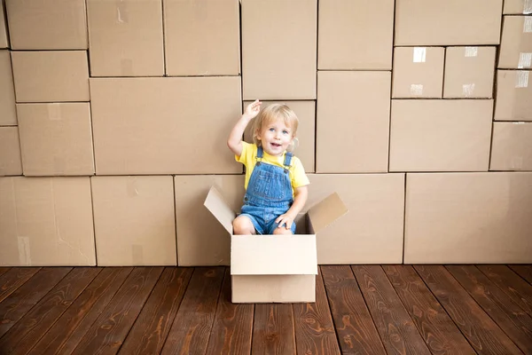 Happy Child Playing New Home Kid Driving Toy Car Moving — Stock Photo, Image