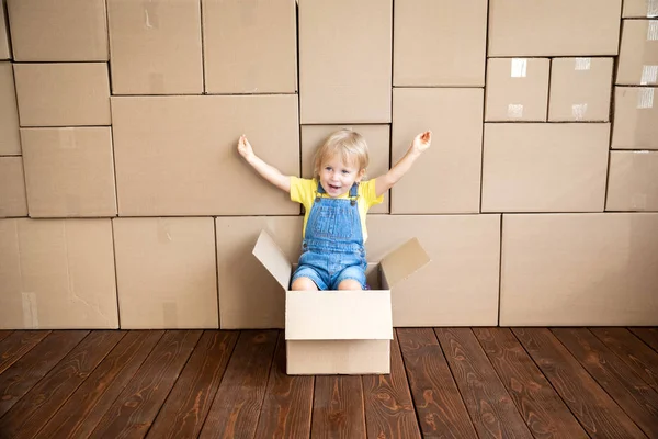 Happy Child Playing New Home Kid Driving Toy Car Moving — Stock Photo, Image