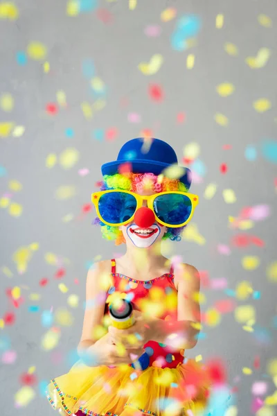 Funny Kid Clown Party Poppers Happy Child Playing Home April — Stock Photo, Image