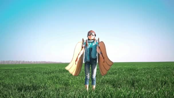 Happy Child Playing Toy Paper Wings Pilot Green Spring Field — Stock Video