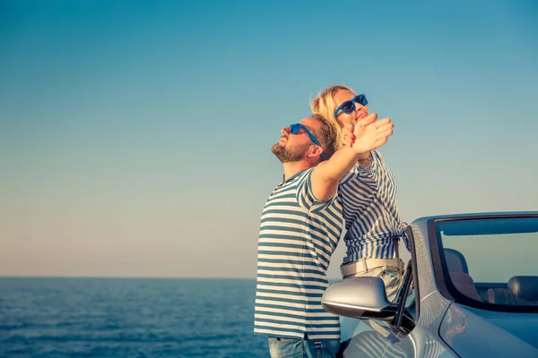 Happy Couple Travel Car People Having Fun Blue Cabriolet Summer — Stock Photo, Image
