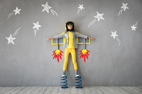 Happy Child Playing Toy Jet Pack Kid Pilot Ready Fly — Stock Photo, Image