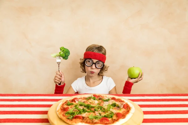 Sportrsman Nerd Child Eating Superfood Geek Kid Holding Broccoli Apple — Stock Photo, Image