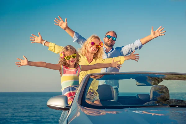 Happy Family Travel Car People Having Fun Blue Cabriolet Summer — Stock Photo, Image