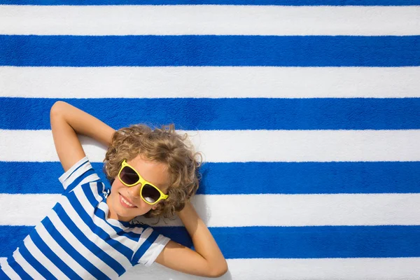 Top View Portrait Child Striped Beach Towel Summer Vacation Concept — Stock Photo, Image