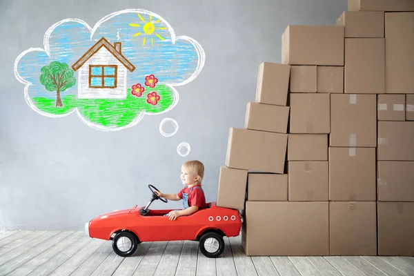 Happy Child Playing New Home Kid Driving Toy Car Moving — Stock Photo, Image