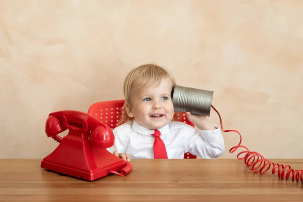 Happy Child Pretend Businessmen Funny Kid Playing Home Education Start — Stock Photo, Image