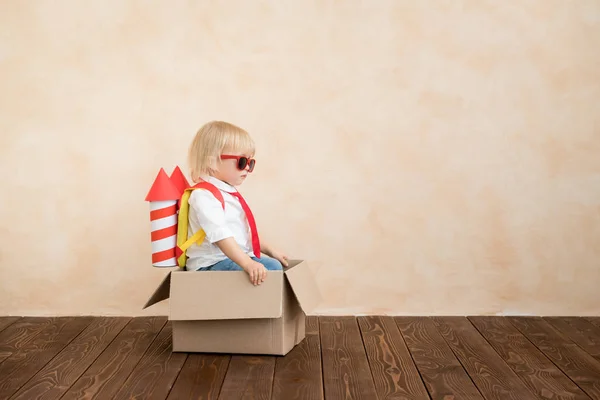 Happy Child Playing Toy Rocket Home Funny Kid Driving Cardboard — Stock Photo, Image