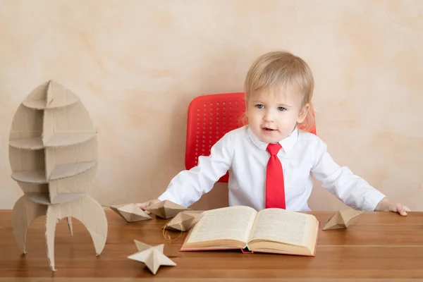 Happy Child Pretend Businessmen Funny Kid Playing Home Education Start — Stock Photo, Image