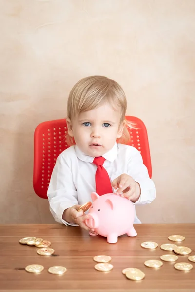 Niño Feliz Finge Ser Hombre Negocios Chico Gracioso Jugando Casa —  Fotos de Stock