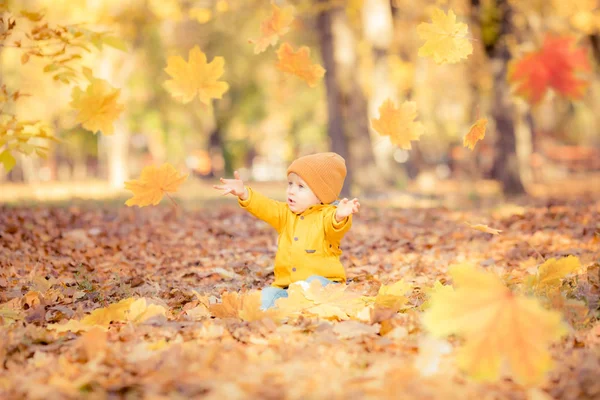 Niño feliz divirtiéndose en el parque de otoño — Foto de Stock