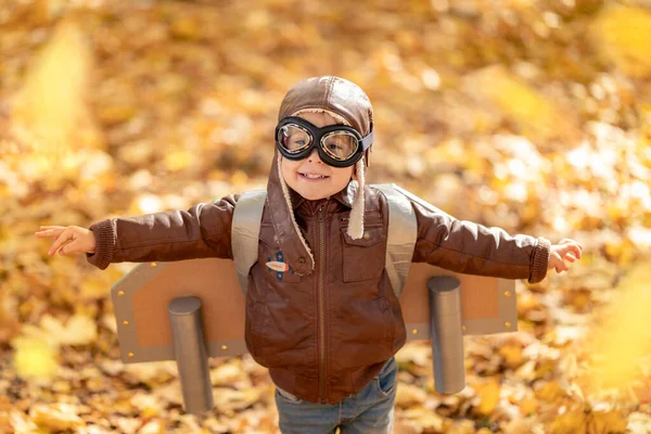 Happy Child Having Fun Outdoor Autumn Park Kid Pilot Playing — Stock Photo, Image