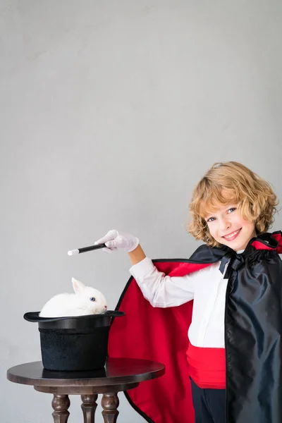 Child Magician Cute Rabbit Happy Kid Playing Home Imagination Magic — Stock Photo, Image