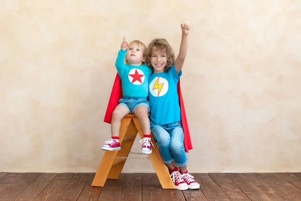 Superheroes Children Playing Home Super Heroes Kids Having Fun Indoor — Stock Photo, Image