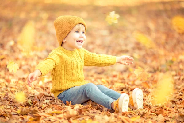 Ευτυχισμένο Παιδί Που Διασκεδάζει Στο Πάρκο Φθινόπωρο Παιδί Κάθεται Πάνω — Φωτογραφία Αρχείου